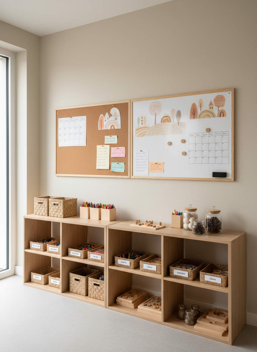 A well-organized activity corner in a family support center, with a large corkboard and magnetic whiteboard mounted on a clean, pale wall. The boards display hand-drawn schedules, colorful yet tasteful illustrations of trees and houses, and neatly pinned notes with encouraging, non-readable text. Below, sturdy wooden shelves hold labeled boxes of art supplies, tactile learning games, and sensory objects in natural materials. Soft overcast daylight fills the room, creating even, diffused lighting with minimal shadows. Photographic realism at a slightly elevated angle shows the entire corner in sharp focus, evoking structure, reliability, and gentle guidance within a sophisticated, Scandinavian-inspired environment.