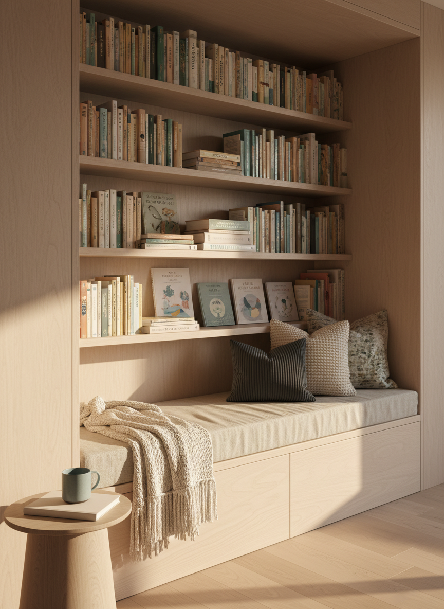 A cozy reading nook built into a light wooden wall, featuring deep shelves filled with carefully arranged children’s and parenting books in muted, sophisticated colors. A plush, linen-covered bench with soft, knitted blankets and textured cushions sits below the shelves, while a small, round side table holds a ceramic mug and a simple, unbranded journal. Gentle afternoon light enters from an unseen window, creating warm highlights on the wood grain and soft, elongated shadows on the floor. Captured in photographic realism from a three-quarter angle, the composition follows the rule of thirds and emphasizes calm, privacy, and reflective support, aligning with a Scandinavian, minimalist aesthetic.